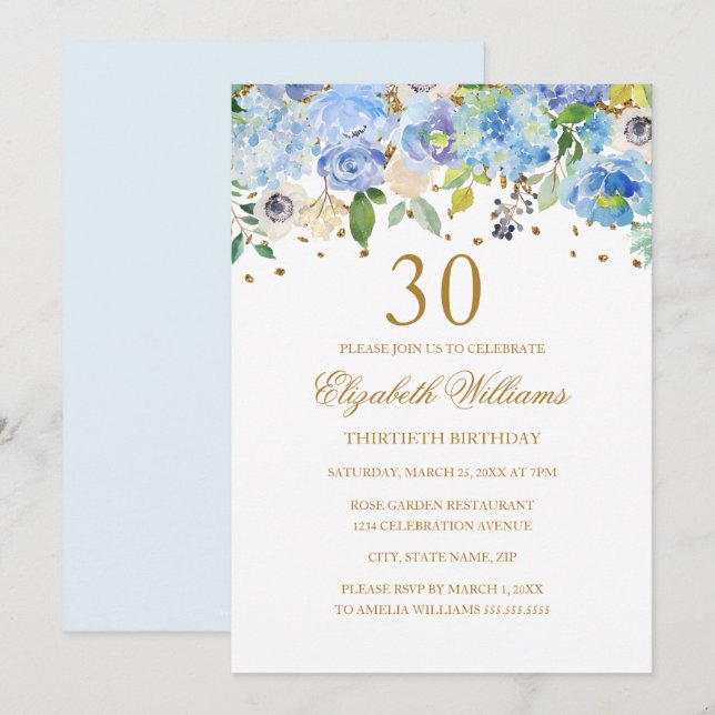 Invitation 30e anniversaire Elégant Blue Gold Floral Invitati (Devant / Derrière)