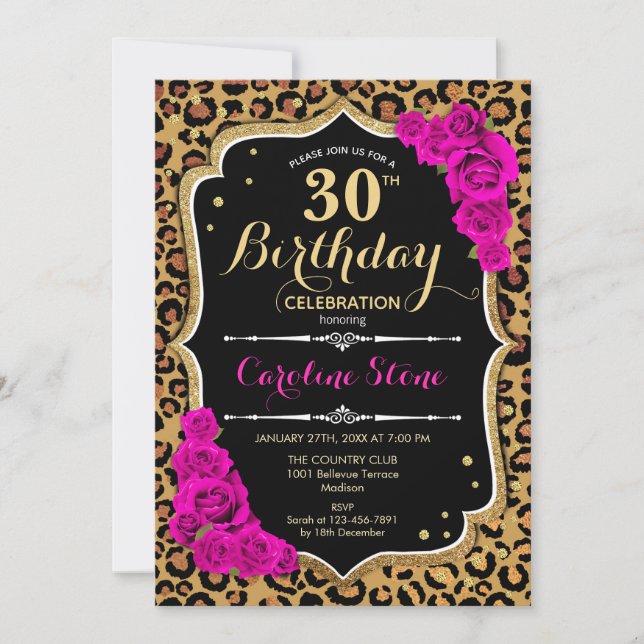 Invitation 30e anniversaire - Empreinte de léopard Roses rose (Devant)