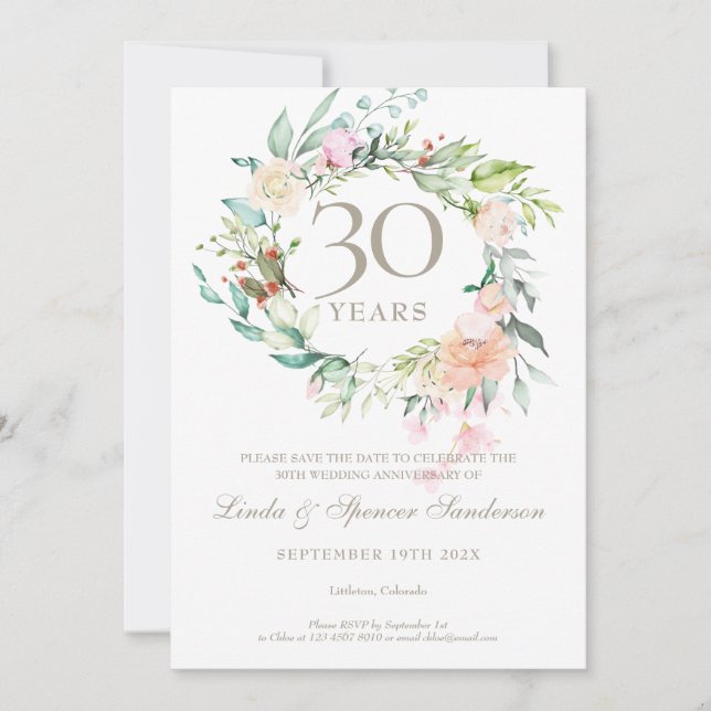 Invitation 30e anniversaire Enregistrer la date Pearl Floral  (Devant)