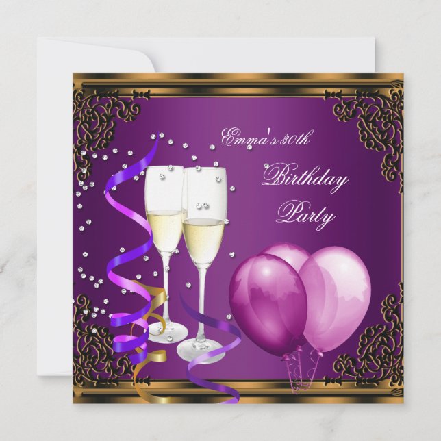 Invitation 30e Anniversaire Fête de Plum violet Ballons d'or (Devant)