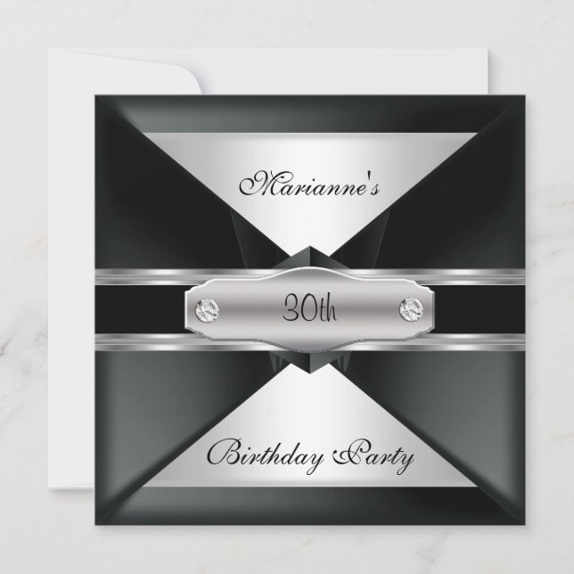 Invitation 30e anniversaire fête élégante argent noir sur arg (Devant)