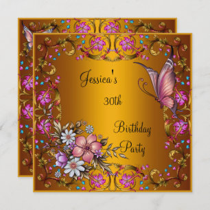 Invitation 30e anniversaire fête rose papillon floral or