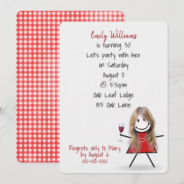 Invitation 30e anniversaire Fille avec vin (Devant / Derrière)