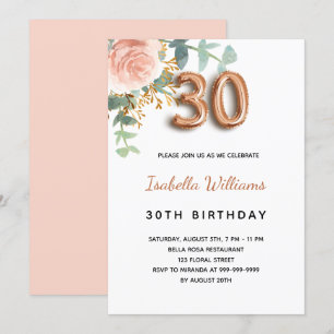 Invitation 30e anniversaire fleurie rose or eucalyptus vert