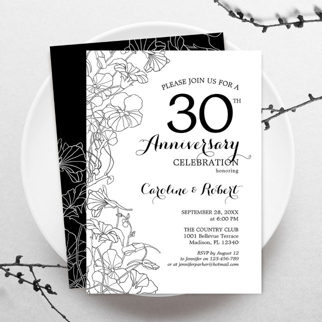 Invitation 30e anniversaire - Floral noir et blanc (Créateur téléchargé)