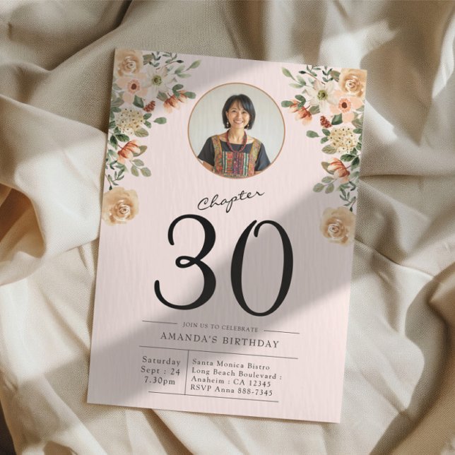 Invitation 30e anniversaire Floral Photo Party (Custom 30th birthday floral party invitation with photo on cloth background.)