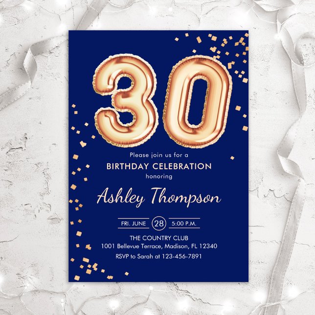 Invitation 30e anniversaire - Gold Balloons Navy (Créateur téléchargé)