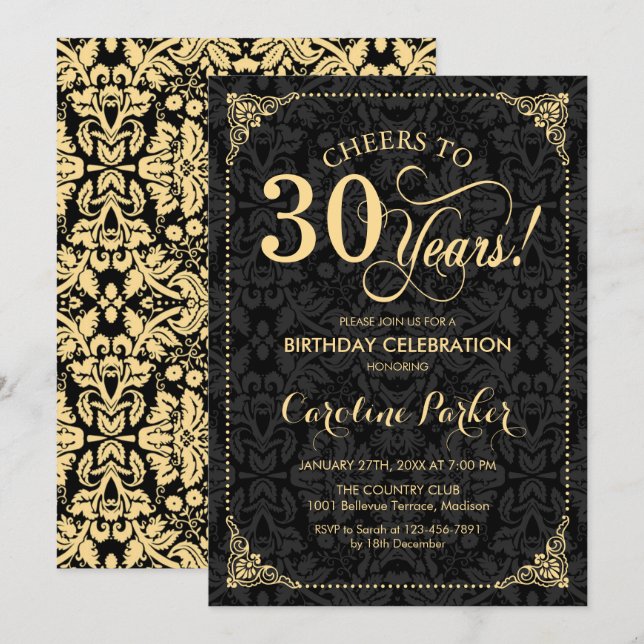 Invitation 30e anniversaire - Gold Black Damask (Devant / Derrière)