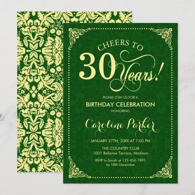 Invitation 30e anniversaire - Gold Green Damask (Devant / Derrière)