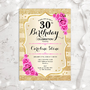 Invitation 30e anniversaire - Gold Stripes rose Roses Invitat