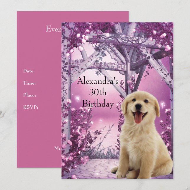 Invitation 30e anniversaire Golden Retriever Winter Pink (Devant / Derrière)