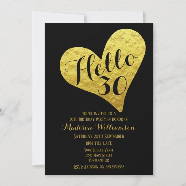 Invitation 30e anniversaire Hello 30 Black and Faux Gold Hear (Devant)