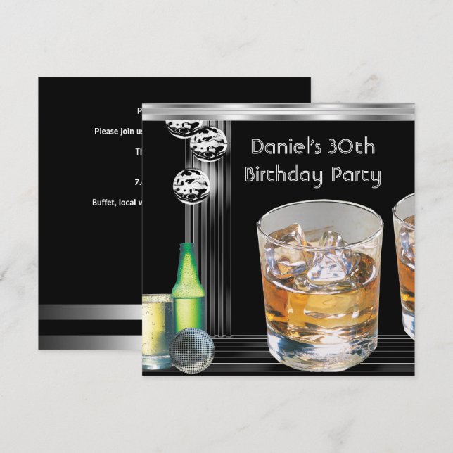 Invitation 30e anniversaire Hommes Boissons Black Silver (Devant / Derrière)