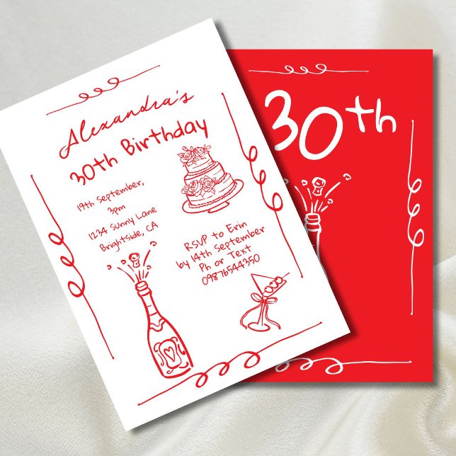 Invitation 30e anniversaire main tiré rouge Whimsical (Créateur téléchargé)
