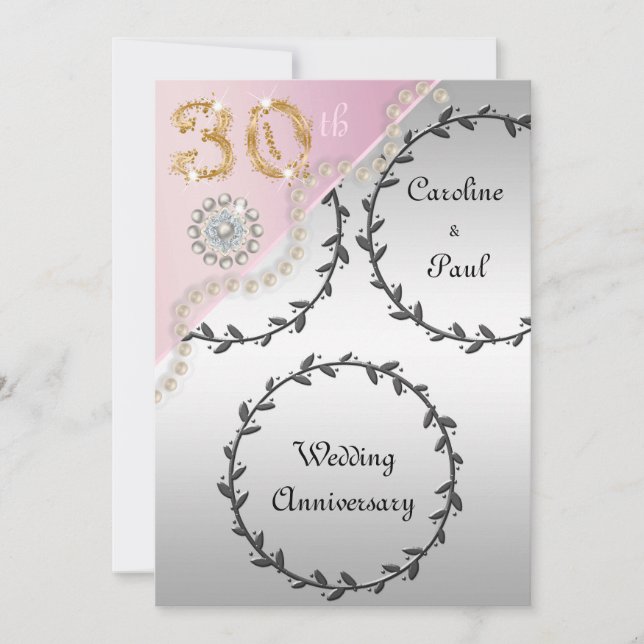 Invitation 30e anniversaire Mariage Embossed Silver Rose or (Devant)