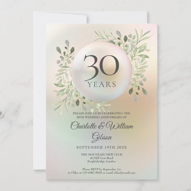 Invitation 30e anniversaire Mariage verdure Perle florale (Devant)