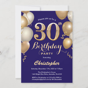 Invitation 30e anniversaire Marine Bleu et Ballons d'or Confe