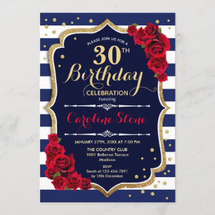 Invitation 30e anniversaire - Marine White Stripes et Red Ros