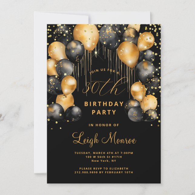Invitation 30e anniversaire moderne Black Gold (Devant)