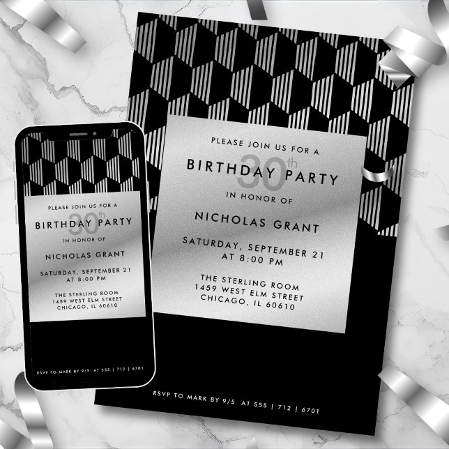 Invitation 30e Anniversaire Moderne Noir Faux Feuille d'Argen (Créateur téléchargé)