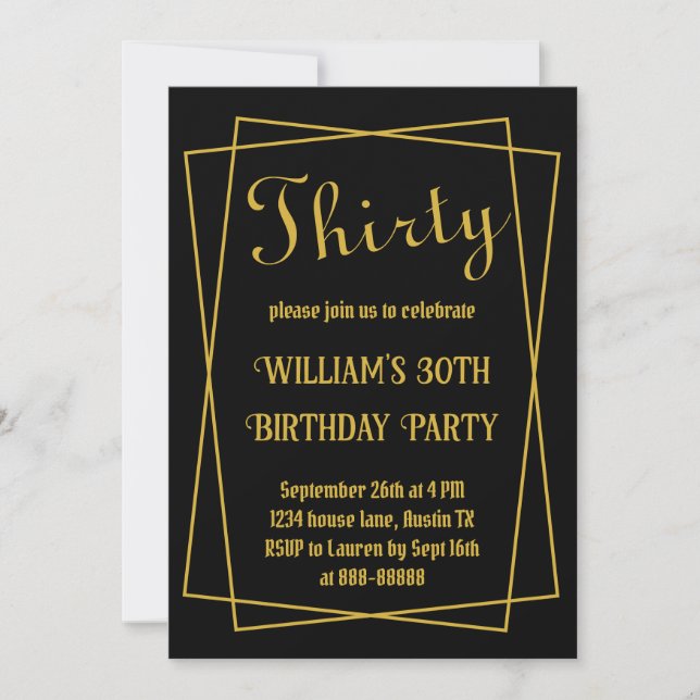 Invitation 30e anniversaire Moderne Simple Noir et Or Minimal (Devant)
