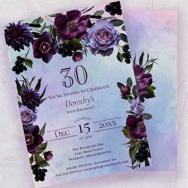 Invitation 30e anniversaire Moody Purple Gothic Flower (Créateur téléchargé)