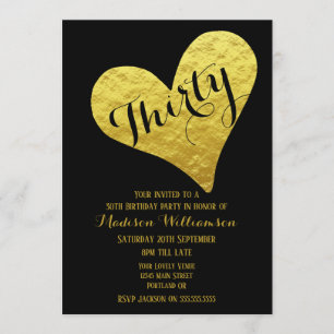 Invitation 30e anniversaire Noir et Faux Or Coeur