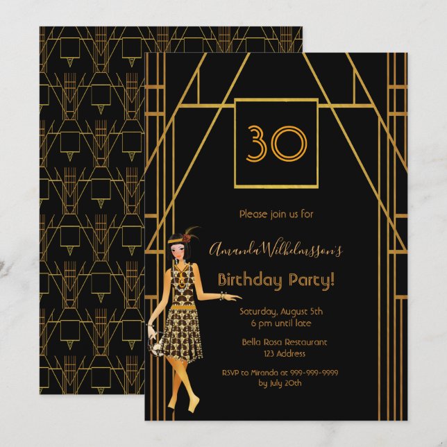 Invitation 30e anniversaire or noir 1920's art déco (Devant / Derrière)
