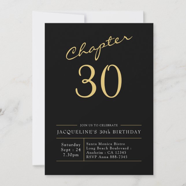 Invitation 30e Anniversaire Or Script moderne noir (Devant)