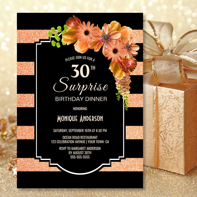 Invitation 30e anniversaire Orange Floral Surprise Dîner (Créateur téléchargé)