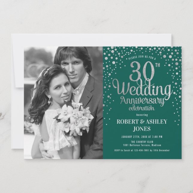 Invitation 30e anniversaire - Photo argent vert émeraude (Devant)