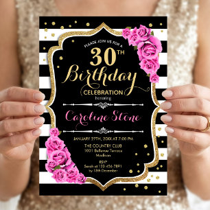 Invitation 30e anniversaire Pink Black White Strip