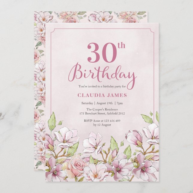 Invitation 30e anniversaire Pink Floral (Devant / Derrière)