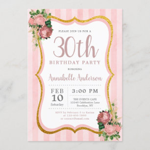 Invitation 30e anniversaire Pink Stripe Floral Gold Parties s