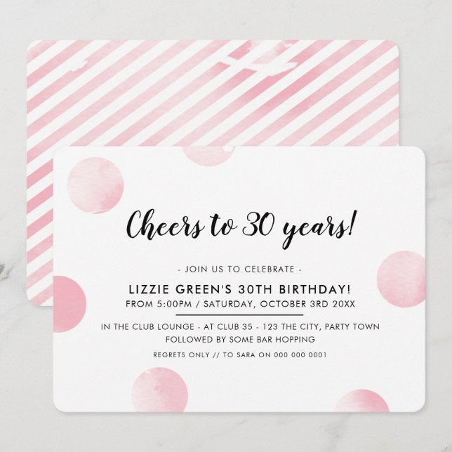 Invitation 30E ANNIVERSAIRE pois d'aquarelle rose (Devant / Derrière)