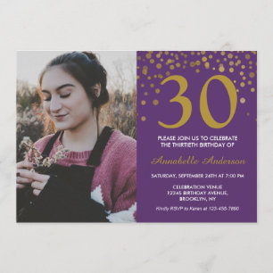 Invitation 30e anniversaire Purple Gold Confetti Photo modern