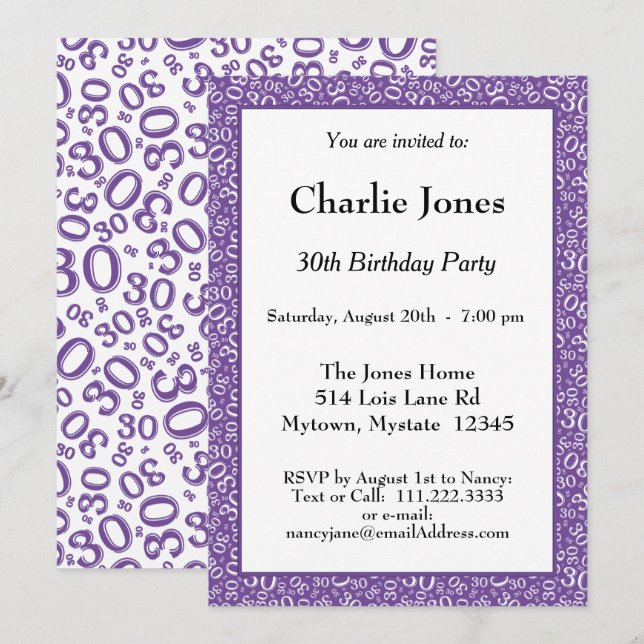 Invitation 30e anniversaire Random Number Motif violet/blanc (Devant / Derrière)