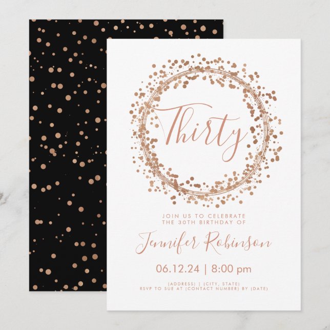 Invitation 30e anniversaire Rose de fête Gold B+W Confetti (Devant / Derrière)