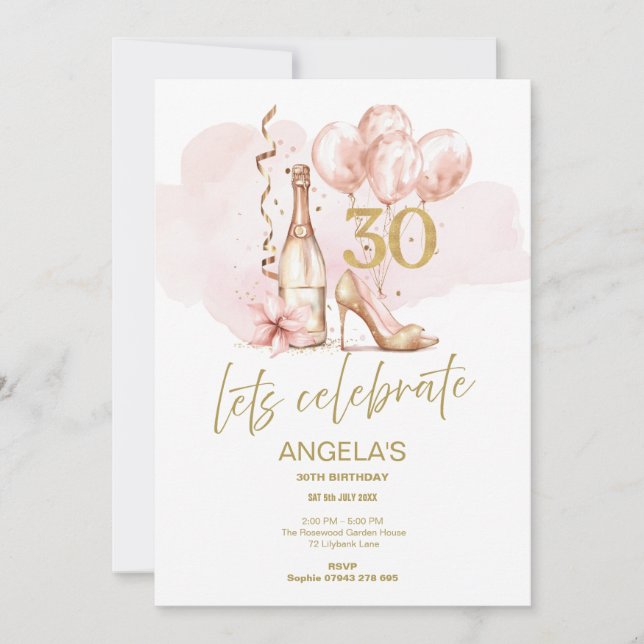 Invitation 30e anniversaire Rose et or, Champagne & talons (Devant)