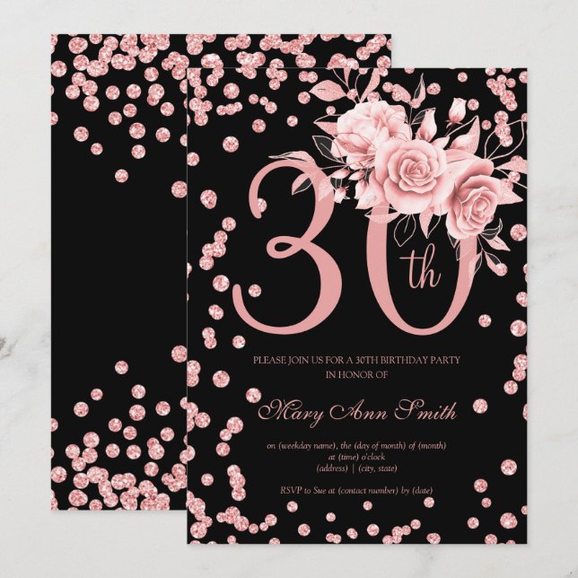 Invitation 30e anniversaire Rose Gold Floral & Confetti Noir (Devant / Derrière)