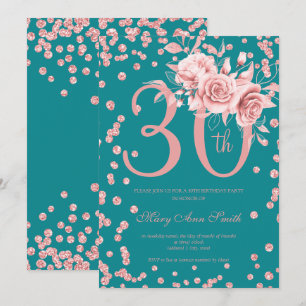 Invitation 30e anniversaire Rose Gold Floral & Confetti Turqu