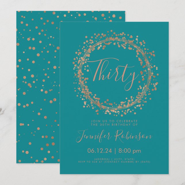 Invitation 30e anniversaire Rose Gold Turquoise Confetti (Devant / Derrière)