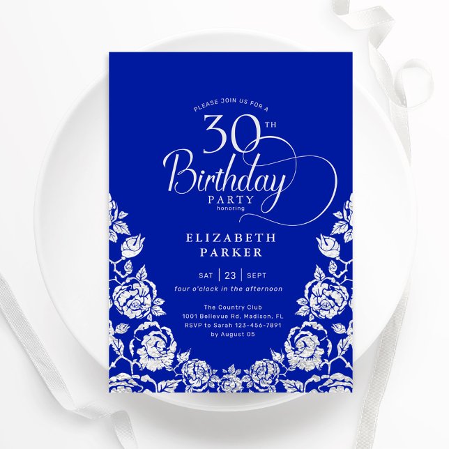 Invitation 30e Anniversaire Roses Bleu Royal Argent (Créateur téléchargé)
