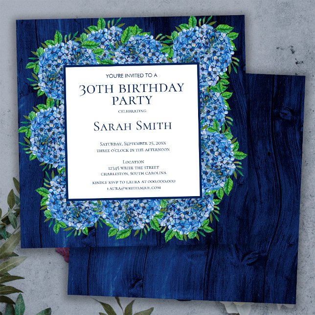 Invitation 30e anniversaire Rustic Wood Blue Hydrangeas Party (Créateur téléchargé)