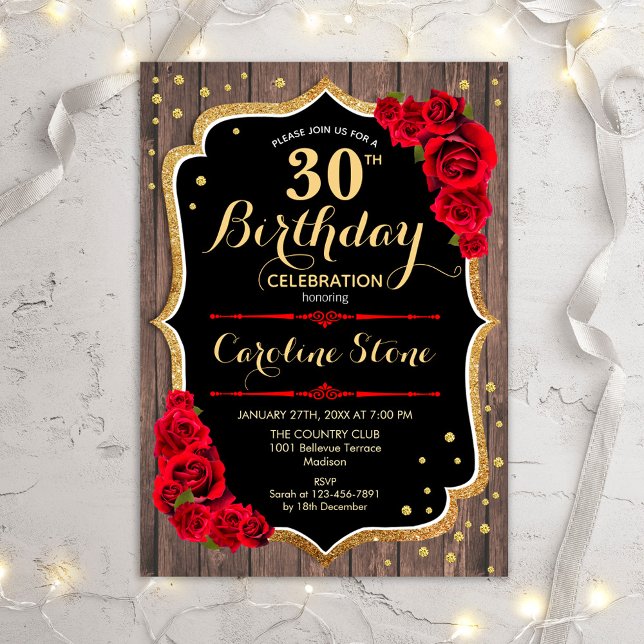 Invitation 30e anniversaire - Rustic Wood Red Roses (Créateur téléchargé)