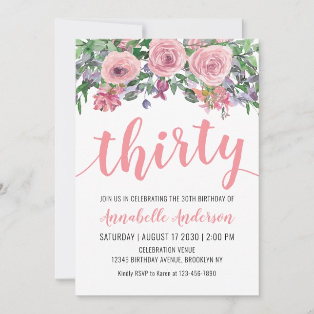 Invitation 30e anniversaire Rustique Floral Aquarelle rose (Devant)