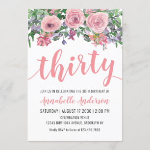 Invitation 30e anniversaire Rustique Floral Aquarelle rose