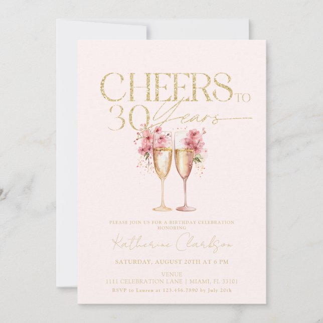 Invitation 30e Anniversaire Salue À 30 Ans Pink Gold Floral (Devant)