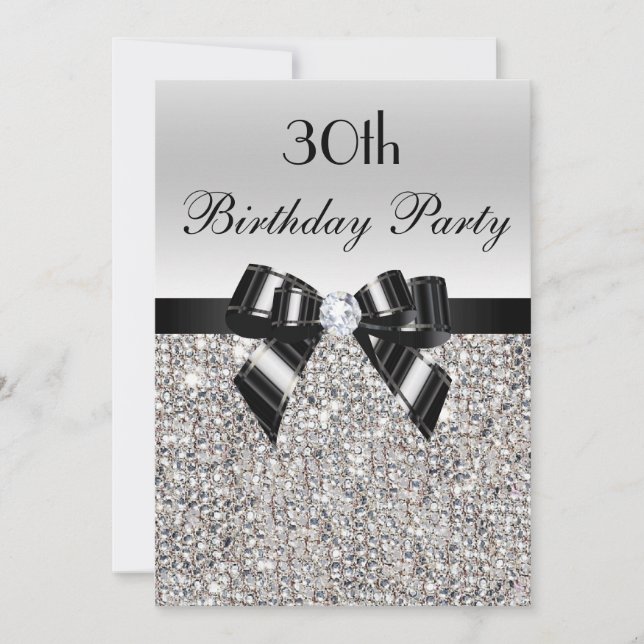 Invitation 30e anniversaire Séquin argenté noir Bow Diamond (Devant)