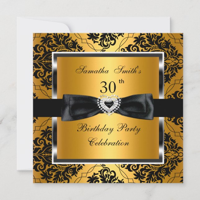 Invitation 30e Anniversaire Soirée Gold Damask Argent Noir (Devant)